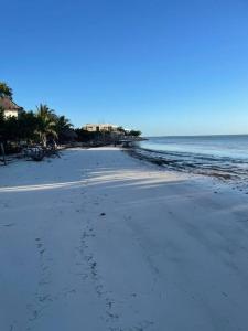 una playa con huellas en la arena y el océano en Casa Molly en Holbox Island