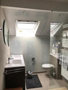 uma casa de banho com um lavatório, um WC e uma janela. em Durbuy Vues Infinies em Durbuy