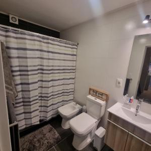 a bathroom with a toilet and a sink and a shower at Exclusivo Penthouse en Cordon Soho con Parking y STARPLUS incluidos in Montevideo