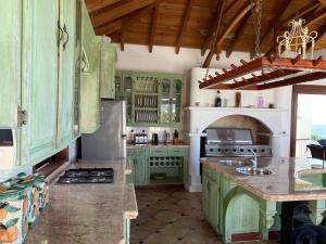 a kitchen with green cabinets and a counter top at Villa Olympia, St James Club - Luxury Open plan Villa, with Private Pool & 2 Kitchens in Bats Cave