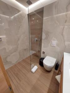 a bathroom with a toilet and a glass shower at Lipa Hotel in Travnik