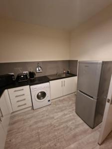 La cuisine est équipée d'un évier et d'un réfrigérateur. dans l'établissement LaLuNa One Bedroom Apartment Newcastle, à Elswick