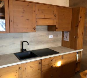 La cuisine est équipée d'un évier et de placards en bois. dans l'établissement Paradise Dolomiti flat, à Falcade