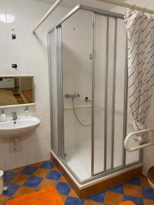 um chuveiro com uma porta de vidro na casa de banho em Haus ZUR PINGE em Kurort Altenberg