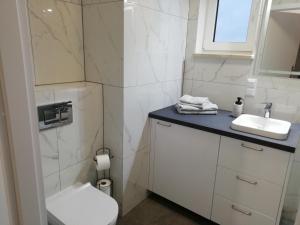 Baño blanco con aseo y lavamanos en Apartament MajaHouse, en Nowa Sól