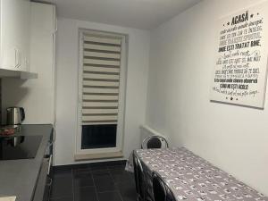 a kitchen with a table and a window in a room at Apartament Cluj in Floreşti