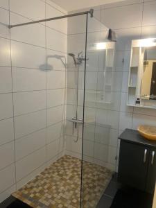 a bathroom with a glass shower with a sink at Apartament Cluj in Floreşti