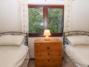 2 letti singoli in una camera da letto con finestra di Dartmoor Retreat Lodge a Exeter