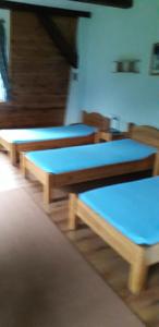 três camas num quarto com lençóis azuis em Mała Sowa em Rzeczka