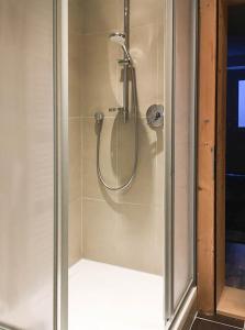 a shower with a glass door in a bathroom at Haus Matzenblick in Reith im Alpbachtal