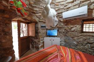 a room with a tv and a stone wall at Piccolo Trullo Salentino in Marina di Pescoluse
