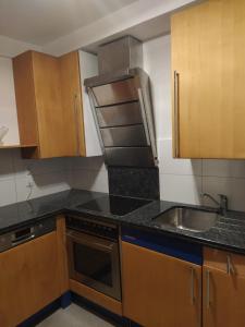 une cuisine avec un évier et une cuisinière four supérieur dans l'établissement Sankt Goar, Schöne und einladende Ferienwohnung, à Sankt Goar 3 autres photos