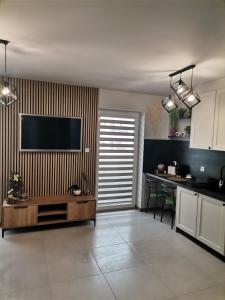 a living room with a television on a wall at Apartament Górska Szarotka in Nowy Targ