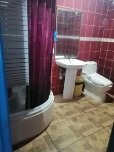 uma casa de banho com um WC, um lavatório e um chuveiro em Sang Yoo Mountain View Tagaytay Bed and Breakfast - Taal Lake View em Tagaytay