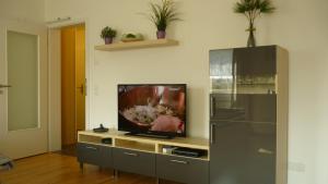 ein Wohnzimmer mit einem TV in einem Entertainment-Center in der Unterkunft FeWo am Zwinger in Dresden