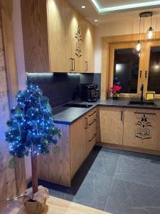 a kitchen with a blue christmas tree in the middle at "Apartament Przy Termie" Bukowina- Jacuzzi na wyłączność - - niezależne wejście in Bukowina Tatrzańska