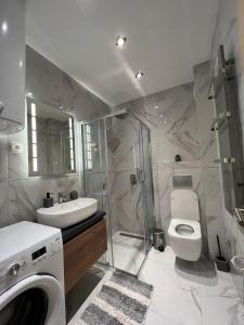 a bathroom with a toilet and a sink and a shower at Vila Pekovic Blue - Apartman TORG in Zlatibor