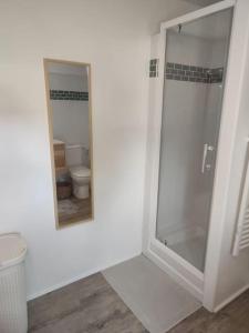 a bathroom with a shower and a toilet at La Marisa, studio cosy 10min Disney. in Crecy la Chapelle +8 photos