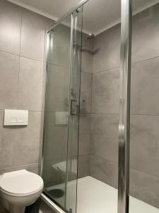 a bathroom with a glass shower with a toilet at Morden flat close to DLR station with free parking in London