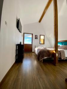 1 dormitorio con 1 cama y TV en Restaurant Pensiunea Carmen, en Ranca