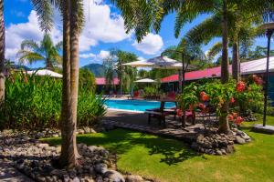 a backyard with a pool and palm trees at Beach Break Resort in Jacó