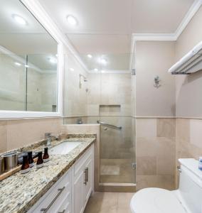 a bathroom with a shower and a sink and a toilet at Grand Polanco Residencial in Mexico City