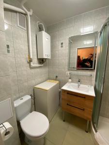 a bathroom with a toilet and a sink and a shower at Apartament Golden Studio in Mielec