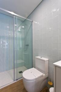 La salle de bains est pourvue de toilettes et d'une douche en verre. dans l'établissement Boutique Rentals- SEA Breeze Apt, à Porto