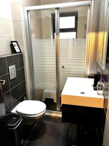 ein Badezimmer mit Toilette, Waschbecken und Dusche in der Unterkunft Cozy 2 BR apartment, with pool and big yard in Amman