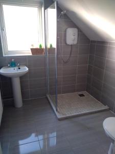 a bathroom with a shower and a sink at Baywatch, Shannon River View in Droíchead an Chláir