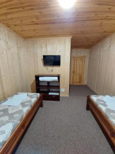 a room with two beds and a flat screen tv at Приватна садиба Два сини та донька in Bukovel