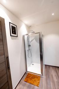 una ducha en una habitación blanca con espejo en Les Gîtes Du Palais, en Dinant