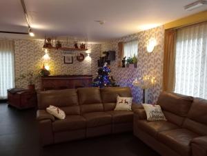 a living room with a couch and a christmas tree at La Grange de David - Access-i in Hamoir