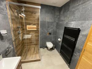 een badkamer met een douche en een toilet bij New Apartment Matilda - Tatranská Lomnica in Tatranská Lomnica
