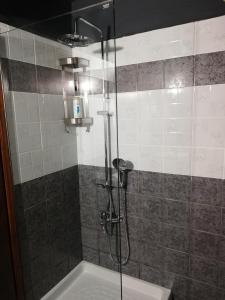 a shower with a glass door next to a sink at Endless View Country House in Makrinitsa