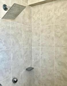 ducha con pared de azulejos y cabezal de ducha en Hotel magallanes con cocineta 100 Metros de playa en Acapulco