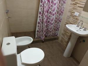 a bathroom with a toilet and a sink and a shower curtain at Casa con vista al mar a 50mts y playa in Barrio Félix U Camet +21 photos