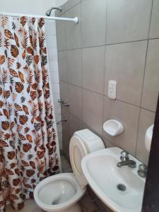 łazienka z toaletą, umywalką i zasłoną prysznicową w obiekcie Cecilia w mieście General Alvarado