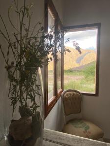 Cette chambre dispose d'une fenêtre avec une chaise et une plante. dans l'établissement La Nochera, à Tilcara