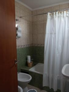 a bathroom with a white shower curtain and a toilet at FREEDOM Joa in Río Gallegos