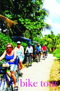 a group of people riding bikes down a road at Brown House Resort in Can Tho
