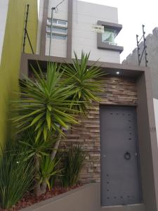 a building with a black door and some plants at Departamentos fresno! Una excelente opción in Toluca
