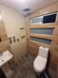 a small bathroom with a toilet and a sink at Departamentos fresno! Tu mejor opción in Toluca