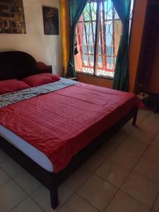uma cama com um edredão vermelho e uma janela em Casa Minha Backpackers Hostel em Dili