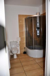 a bathroom with a shower and a toilet at Prudentia Apartments Brzozowa in Warsaw