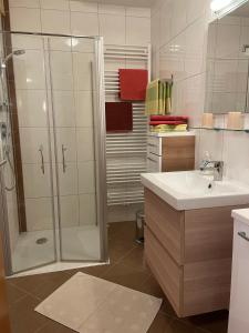 y baño con ducha y lavamanos. en Appartement Thurnbach, en Aschau