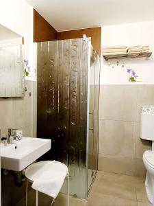un bagno con doccia, lavandino e WC di Stanza Con Bagno Privato Orvieto Centro Storico, Aria Condizionata NETFLIX Vicino al Pozzo della Cava-Affittacamere "Carvajal Rooms" a Orvieto