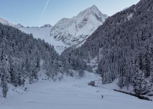 una montagna innevata con un fiume e alberi di Alpine Apartments St-Sigmund a Sankt Sigmund im Sellrain