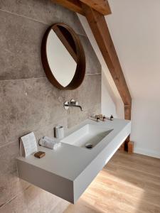 a bathroom with a white sink and a mirror at Le Clos du Roc in Montlouis-sur-Loire