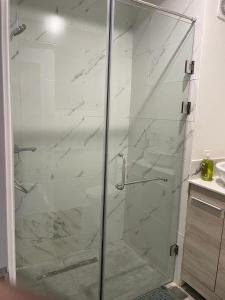 a shower with a glass door in a bathroom at Park D-plus Apartments Cantonments in Accra